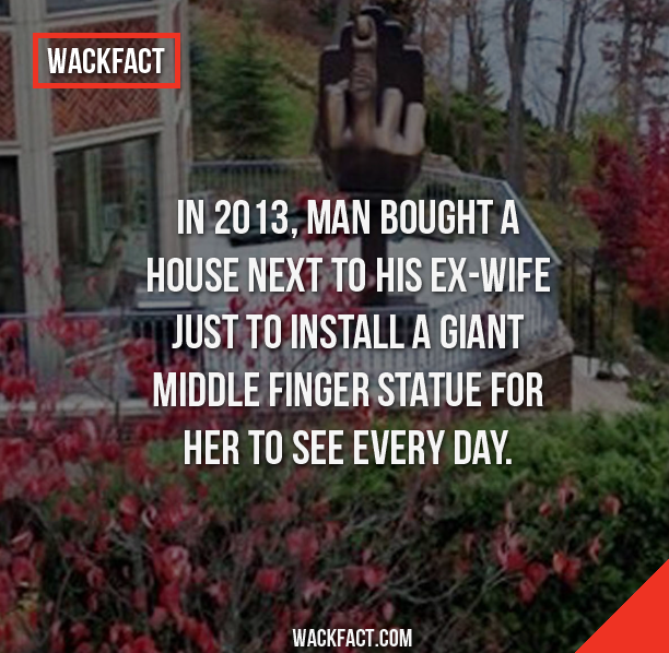 social media - Wackfact In 2013, Man Bought A House Next To His ExWife Just To Install A Giant Middle Finger Statue For Her To See Every Day. Wackfact.Com