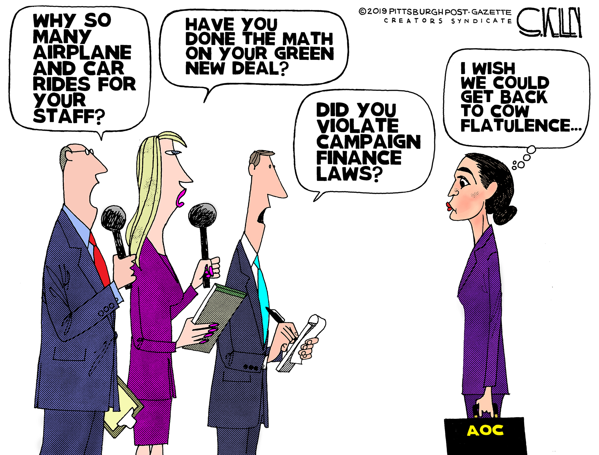 green new deal political cartoon - 2019 Pittsburgh Post Gazette Creators Syndicate Why So Many Airplane And Car Rides For Your Staff? Have You Done The Math On Your Green New Deal? I Wish We Could Get Back To Cow Flatulence... Did You Violate Campaign Fin