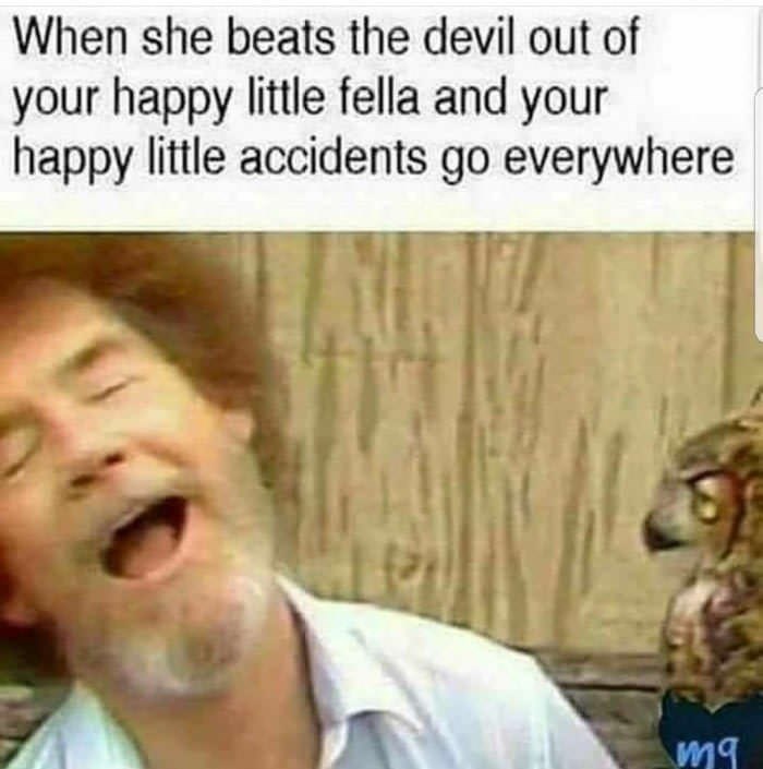 bob ross happy little accidents meme - When she beats the devil out of your happy little fella and your happy little accidents go everywhere mg