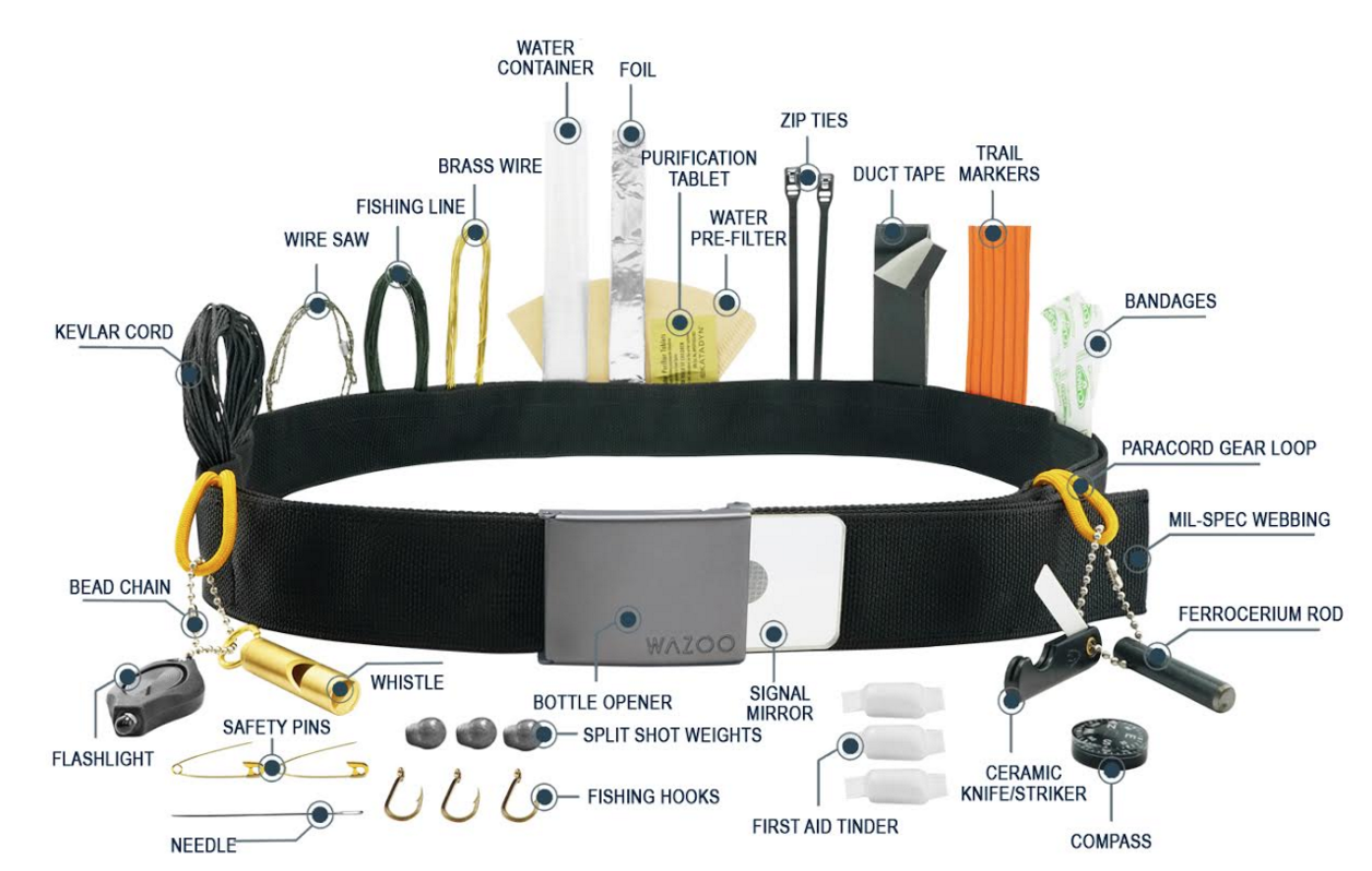 wazoo survival belt - Water Container Foil Zip Ties Tral Purification Tablet la Duct Tape Markers Brass Wire Fishing Line Wire Saw Water PreFilter Bandages Kevlar Cord Paracord Gear Loop MilSpec Webbing Bead Chain Ferrocerium Rod Whistle Bottle Opener Sig