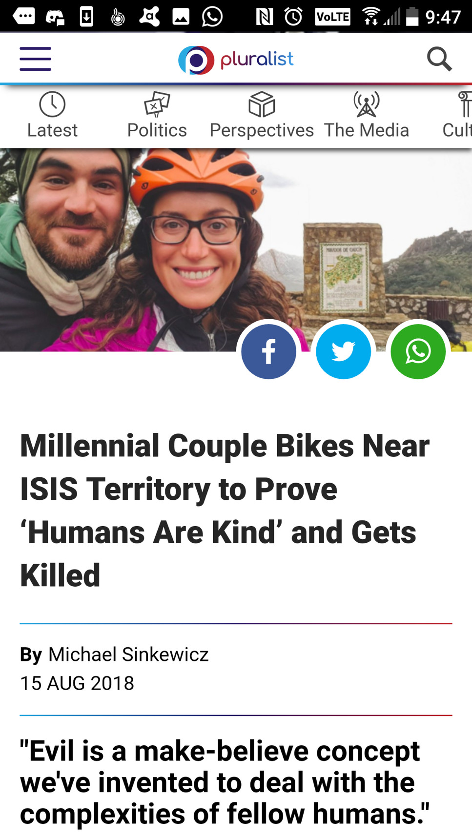 millennial couple bikes through isis territory meme - E 4 x 59 In C VoLTE pluralist a Latest Politics Perspectives The Media Cult Millennial Couple Bikes Near Isis Territory to Prove 'Humans Are Kind' and Gets Killed By Michael Sinkewicz "Evil is a makebe