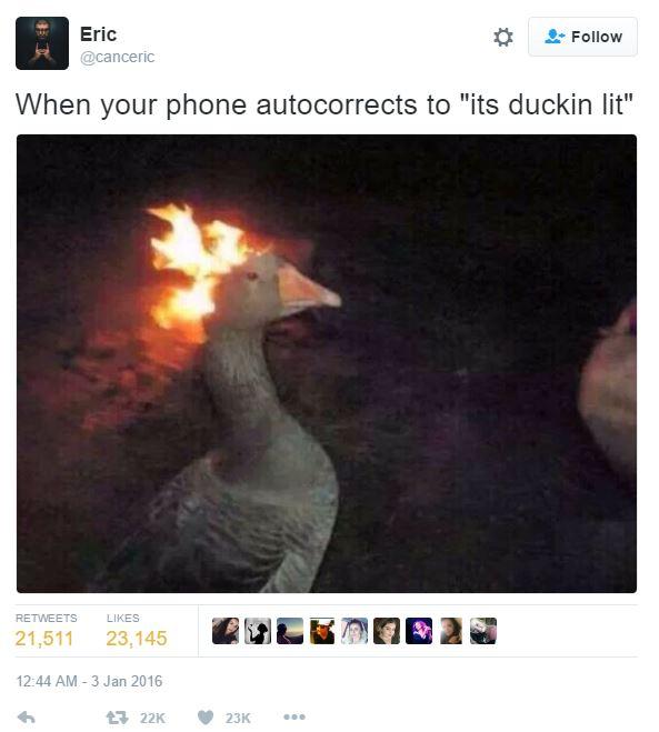 your phone autocorrects to ducking - Eric When your phone autocorrects to "its duckin lit" 21,511 23,145 CUKO0020 23K