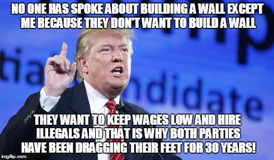 build a wall meme - No One Has Spoke About Buildingawall Except Me Because They Don'T Want To Build A Wall ndidate They Want To Keep Wages Low And Hire Illegals And That Is Why Both Parties Have Been Dragging Their Feet For 30 Years! imgflip.com
