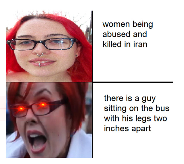 feminist meme - women being abused and killed in iran there is a guy sitting on the bus with his legs two inches apart