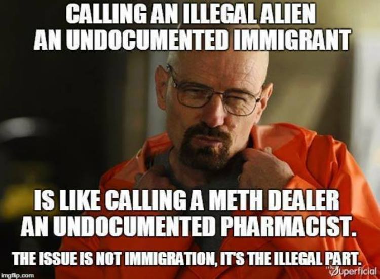 illegal immigrants meme - Calling An Illegal Alien An Undocumented Immigrant Is Calling A Meth Dealer An Undocumented Pharmacist. The Issue Is Not Immigration, Its The Illegal Part. imgflip.com "uperficial