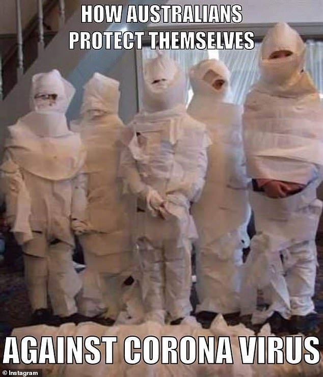 kids wrapped in toilet paper - How Australians Protect Themselves Against Corona Virus Instagram