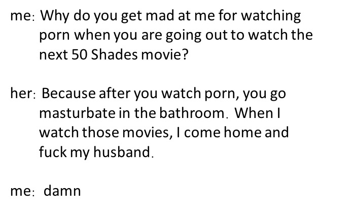 Wife explains the difference between men watching porn and women watching 50 Shades movies