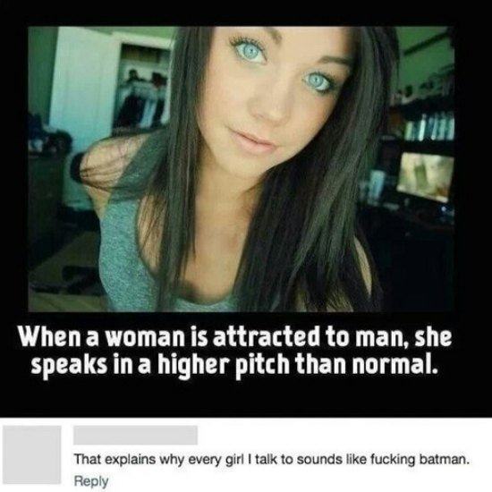 women dating memes - When a woman is attracted to man, she speaks in a higher pitch than normal. That explains why every girl I talk to sounds fucking batman.