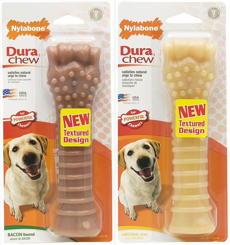 The Nylabone Dura Chew  Is it me or does that look like a fist? available in natural or bacon flavor