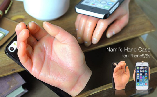 It is an iPhone 5 and 5s case with a lifelike replica of a feminine right hand attached to the back, allowing the user to "holds hands" while on the phone.
