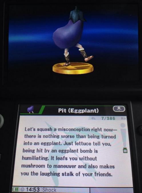 pun eggplant pit kid icarus - Pit Eggplant 0 L7386 R Let's squash a misconception right now there is nothing worse than being turned into an eggplant. Just lettuce tell you, being hit by an eggplant bomb is humiliating. It leafs you without mushroom to ma