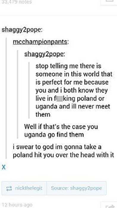 pun borderline pun - 33,479 notes shaggy2pope mcchampionpants shaggy2pope stop telling me there is someone in this world that is perfect for me because you and i both know they live in fuking poland or uganda and ill never meet them Well if that's the cas