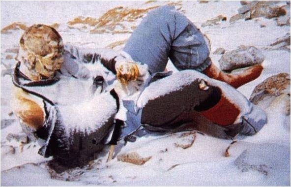 Hannelore Schmatz-Hannelore is a German climber who died from exposure and exhaustion in 1979. She was the first woman to die on Mt. Everest. It is believed she stopped to rest and leaned up against her back pack, leaving the body propped in this unusual way.