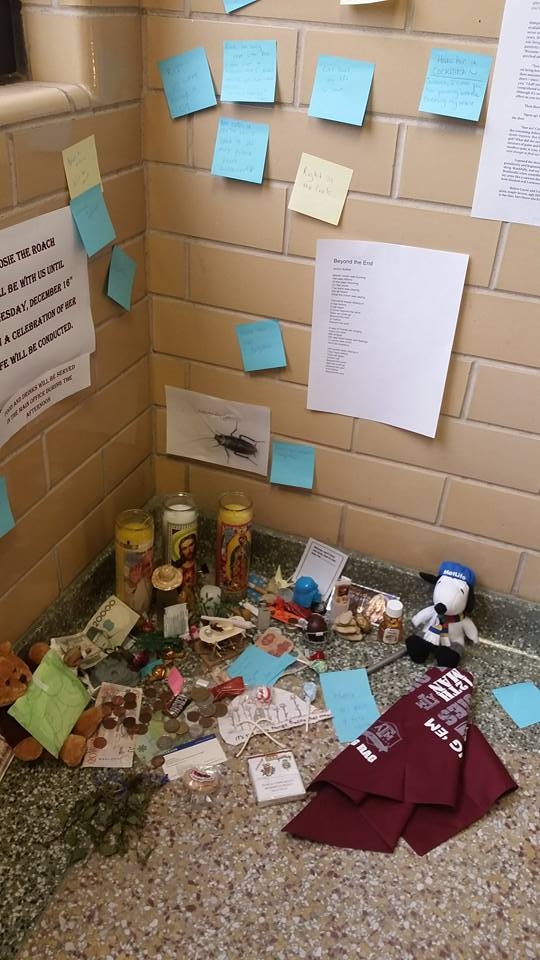 The sign above reads: "Rosie the Roach will be with us until Tuesday, December 14th when a celebration of her life will be conducted. Food and drinks will be served in the main office during the afternoon."