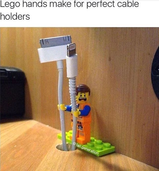 lego cord holder - Lego hands make for perfect cable holders 1. .generation
