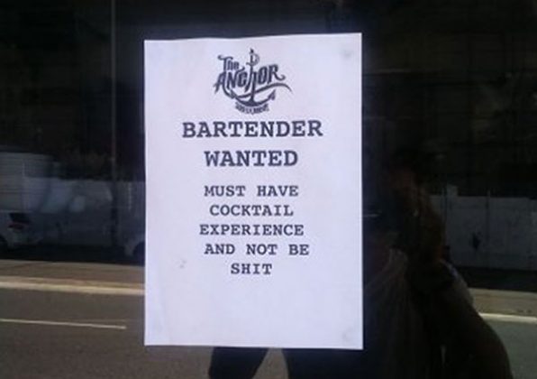 random wanted sign for bartender job with interesting qualification