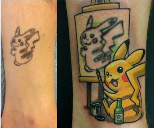 Old and faded pokemon tattoo made to look like the artwork of a very sharply drawn Pokemon that is painting.