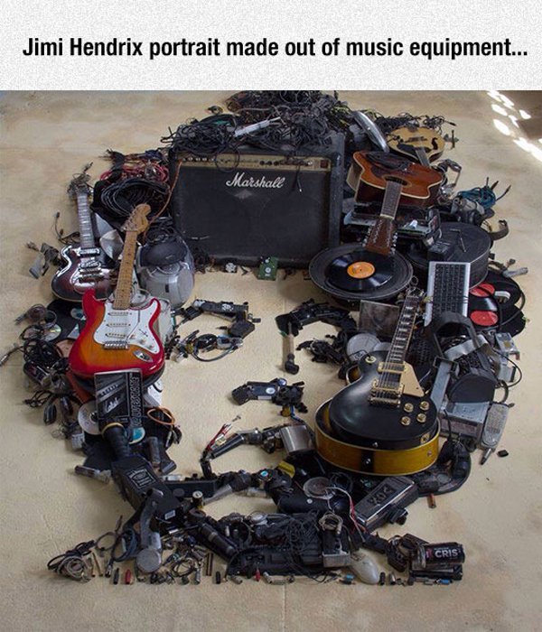 music instruments portraits - Jimi Hendrix portrait made out of music equipment... Marshall Cris