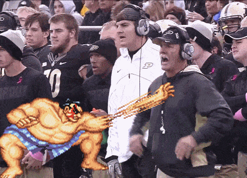 Funny GIF of coach trying to shoo away the ball and sumo character from video game