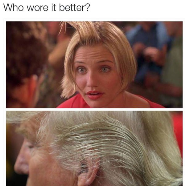 Who Wore it Better meme of Something About Mary and Trump's sides