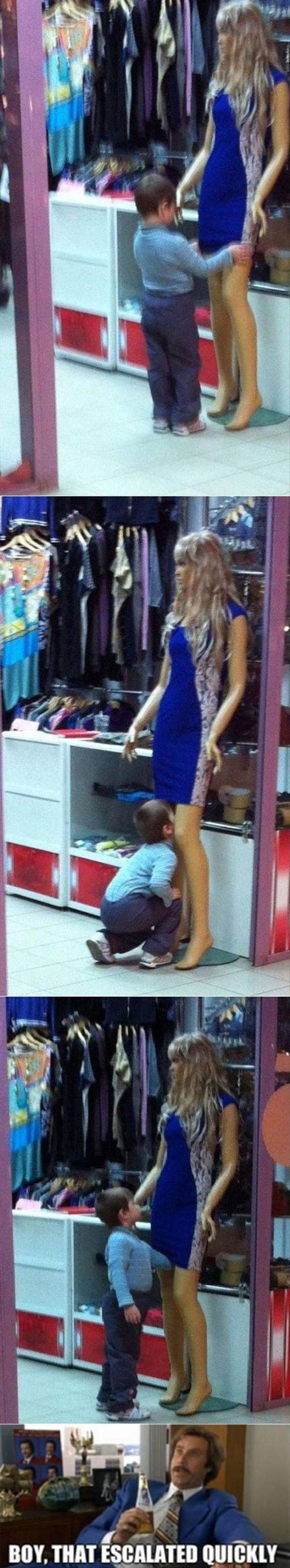 That escalated quickly meme of kid looking up skirt of mannequin