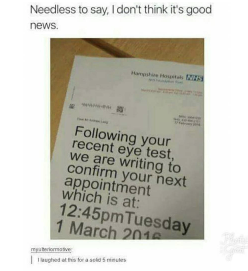 funny meme of request to come back for eye appointment that is written in HUGE letters.