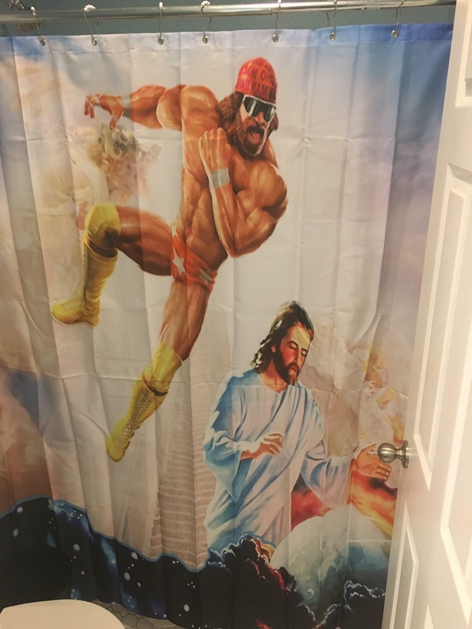 Jesus about to get body slammed on this shower curtain