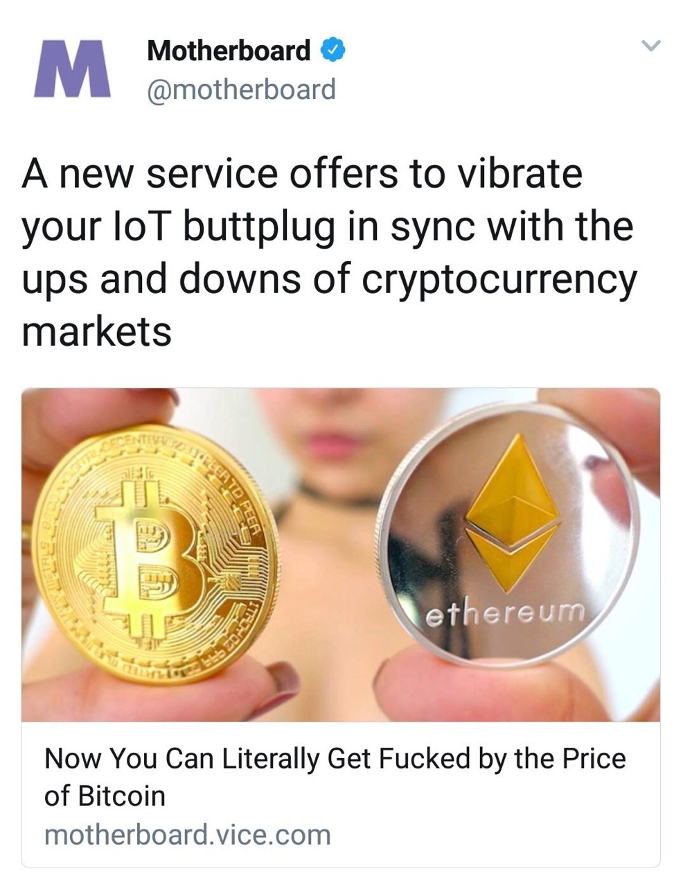 butt plug - Motherboard A new service offers to vibrate your loT buttplug in sync with the ups and downs of cryptocurrency markets Perde ethereum Now You Can Literally Get Fucked by the Price of Bitcoin motherboard.vice.com