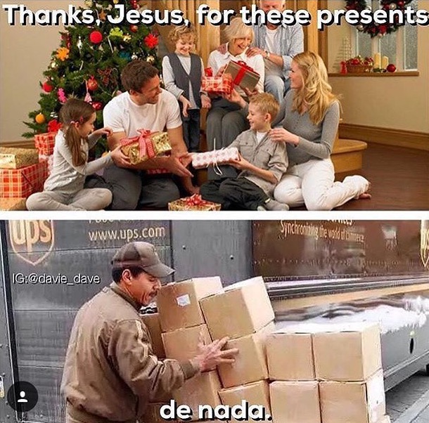 spend time with family in christmas - Thanks, Jesus, for these presents. Ig de nada.