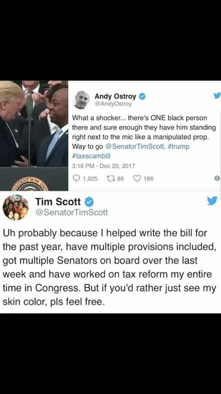 screenshot - Andy Ostroy AndyOstroy What a shocker... there's One black person there and sure enough they have him standing right next to the mic a manipulated prop. Way to go Senator TimScott trump Naxscambill 1.5 to 186 Tim Scott Senator Tim Scott Uh pr