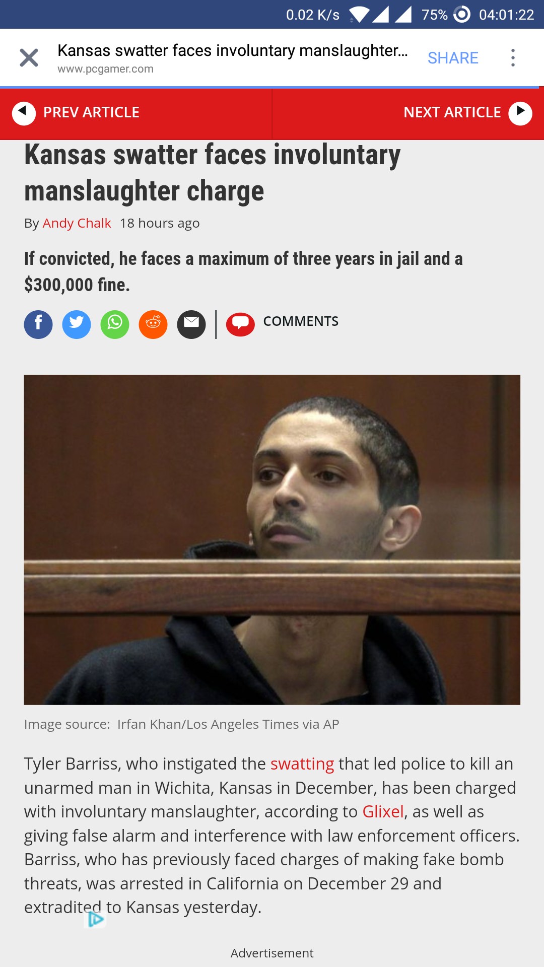 website - 0.02 Ks 75% O 22 x Kansas swatter faces involuntary manslaughter... Prev Article Next Article O Prev Article Kansas swatter faces involuntary manslaughter charge By Andy Chalk 18 hours ago If convicted, he faces a maximum of three years in jail 