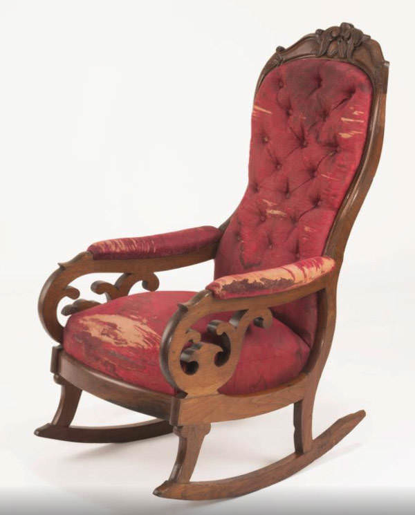 Lincoln's Rocking Chair-At Ford's Theatre in Washington, DC, on April 14, 1865, during a production of Our American Cousin, the Lincoln Presidency ended in this very chair by the gun of a Confederate sympathizer. After the assassination, the chair was seized by the Federal government and eventually found its way back to the original Ford family, who later sold it at auction. Today, the chair, with a visible bloody stain, can be seen at The Henry Ford Museum in Dearborn, Mich.