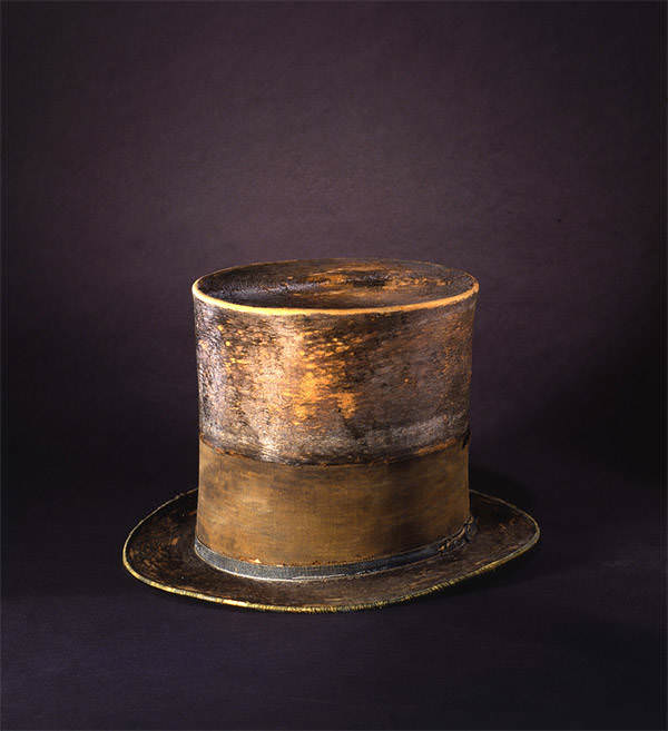 Lincoln's Top Hat -When we think of Abraham Lincoln, one of the first things we think about is his famed top hat, which made him tower over people more so than he already did. This particular hat had a black silk mourning band added in remembrance of his son Willie. The last time it was worn was on that fateful night in Ford's Theatre. It is now on display at the Smithsonian's National Museum of American History.