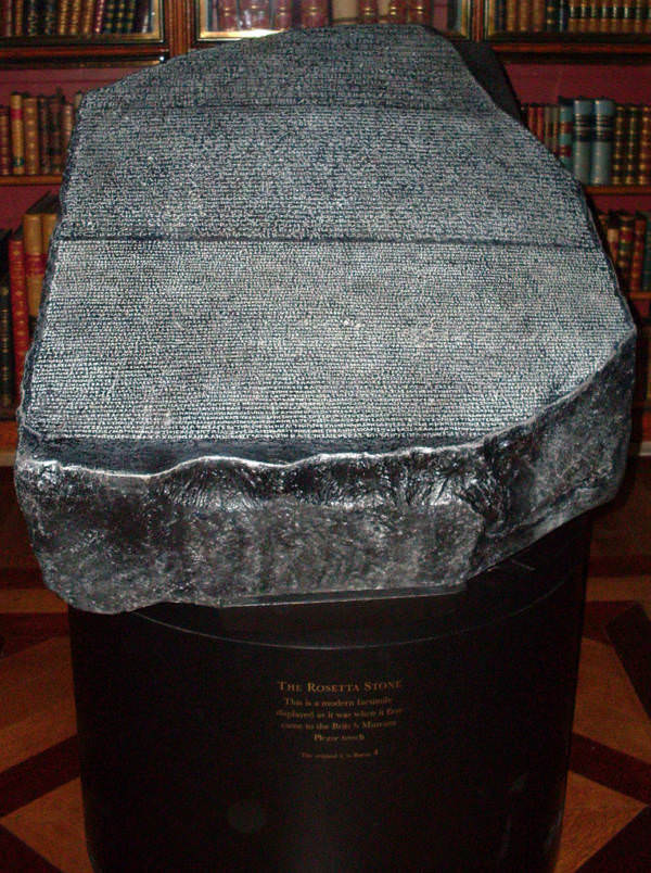 The Rosetta Stone -This black granodiorite stone, carved around 196 BC, was the first Ancient Egyptian bilingual text recovered in modern times. With it, researchers were able to decipher the previously untranslated hieroglyphic language. Discovered in July of 1799, the key to understanding Ancient Egyptian literature and civilization now rests in London's British Museum.