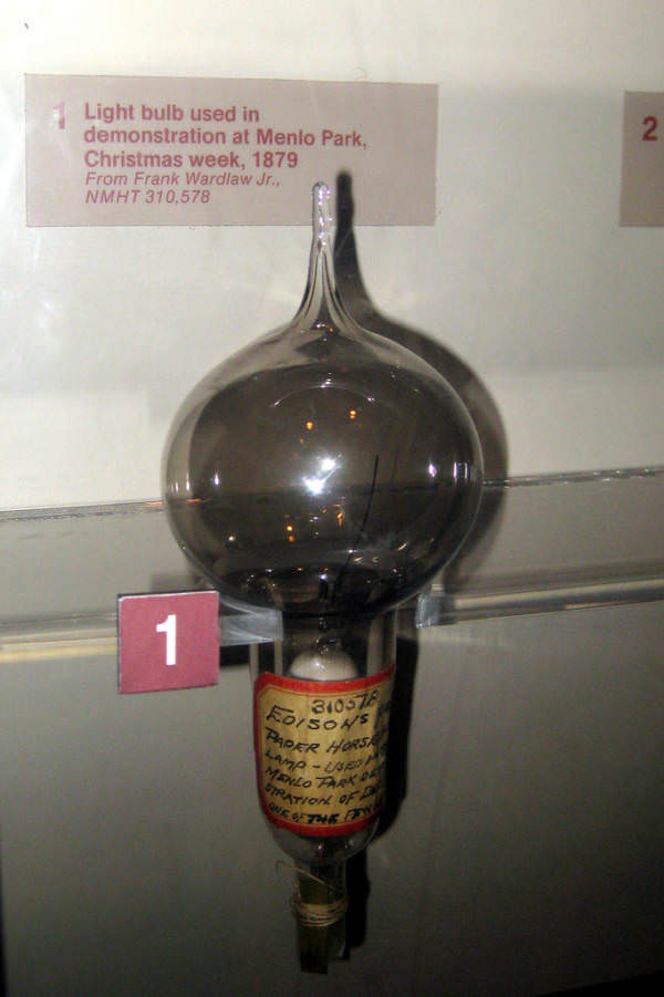 Edison's First Demonstrated Bulb -This is a bulb used in the first public demonstration of Thomas Edison’s most famous invention, the first electric incandescent lamp. It took place at Edison’s Menlo Park laboratory on New Year’s Eve, 1879. The year before, Edison set out to develop a practical electric light. The search for a practical filament at the Menlo Park Laboratory resulted in this carbon-filament. The National Museum of American History looks after it now.