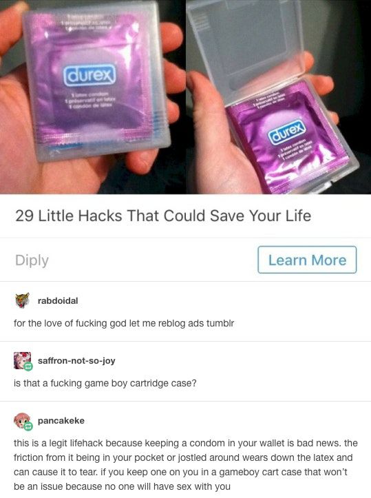 funny picture of screen grab off tumblr of shitty lifehack of putting condom in a gameboy cartridge box to preserve it till you need it