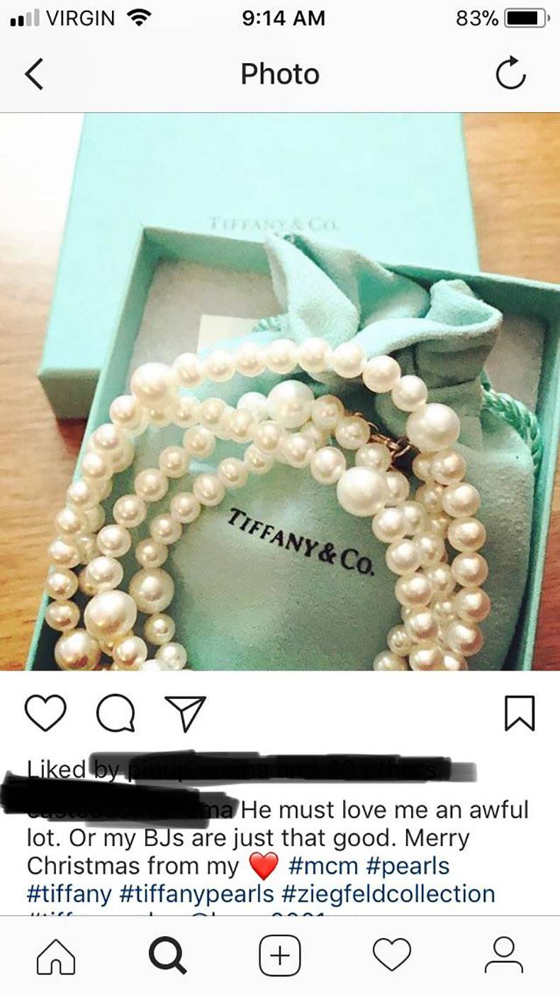 funny instagram of woman who explaims that he must really love her or her bj are really good with picture of pearl necklace from tiffany's