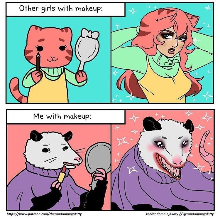 funny 4 panel webcomic about how other girls look with makeup vs how I look with makeup