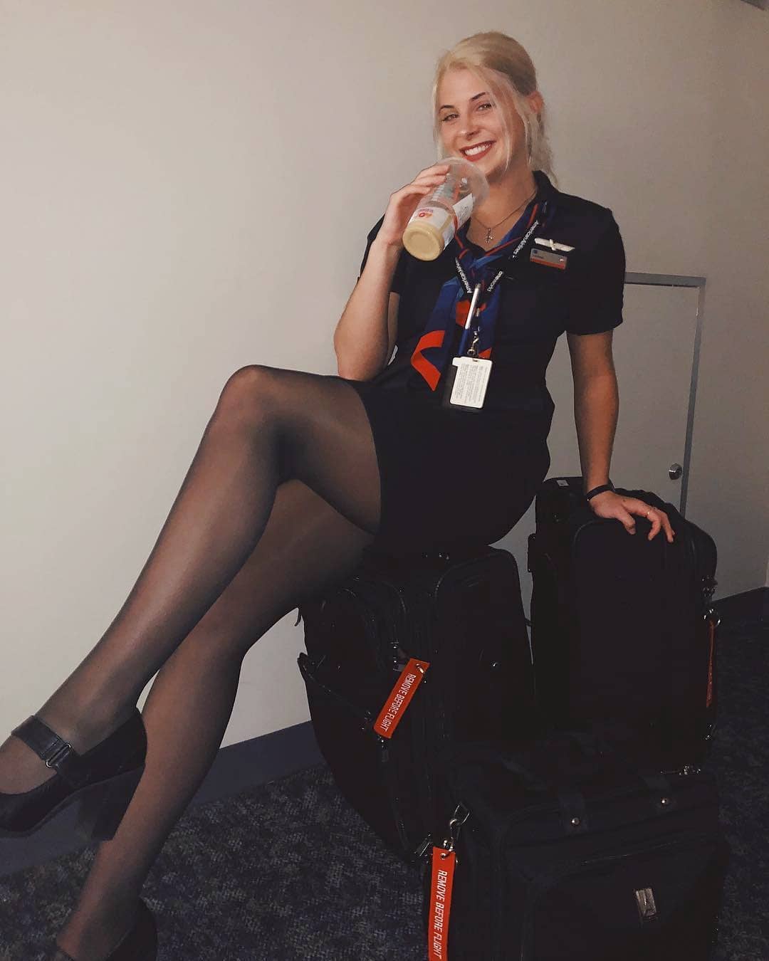 Feet nylon flight attendant Kicking off