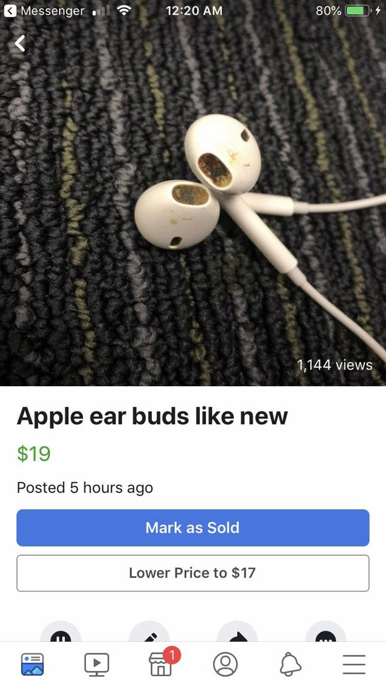 ear wax on headphones - Messengerul 80%O 4 1,144 views Apple ear buds new $19 Posted 5 hours ago Mark as Sold Lower Price to $17