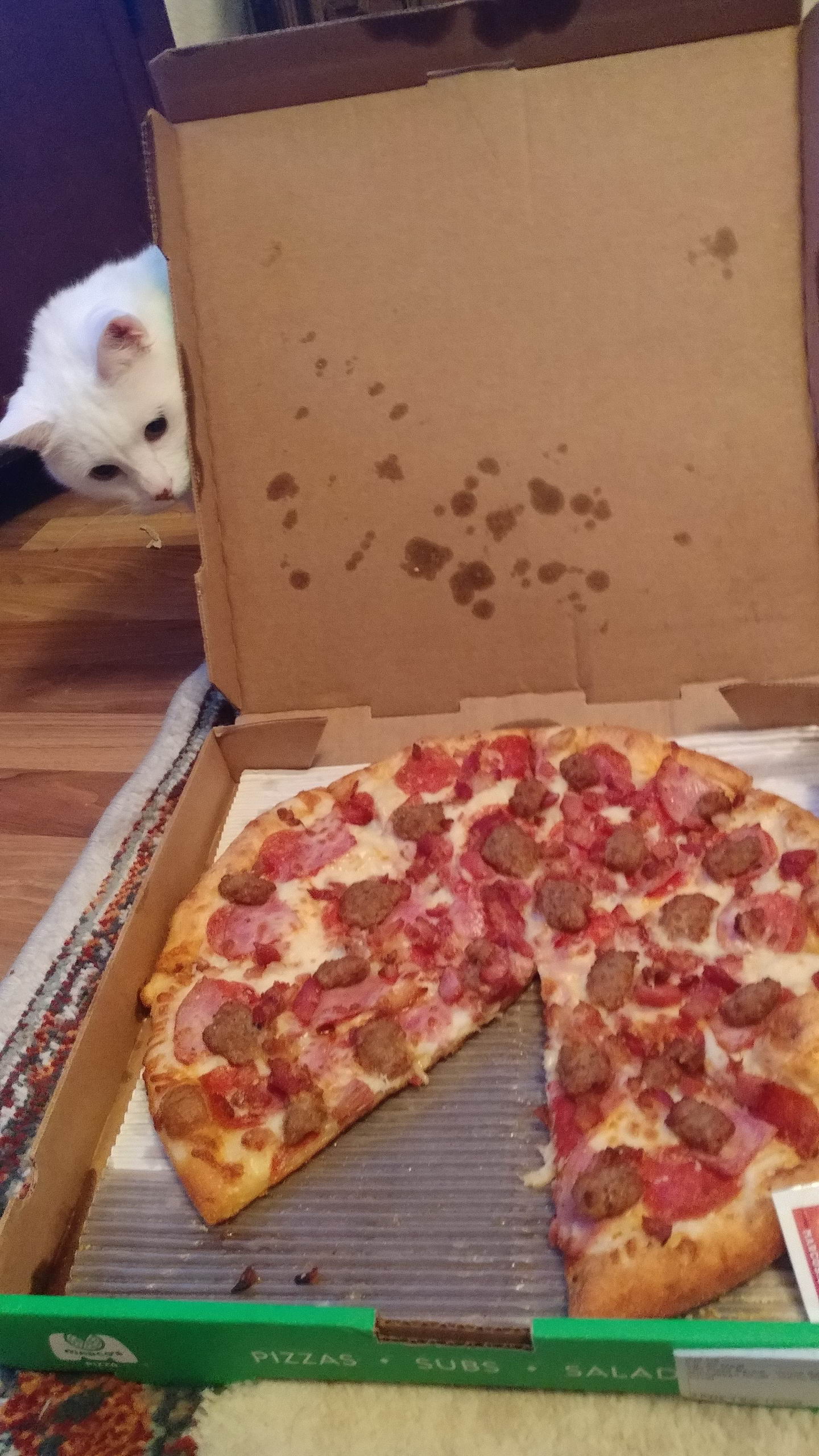a cat looking at a pizza from behind the box