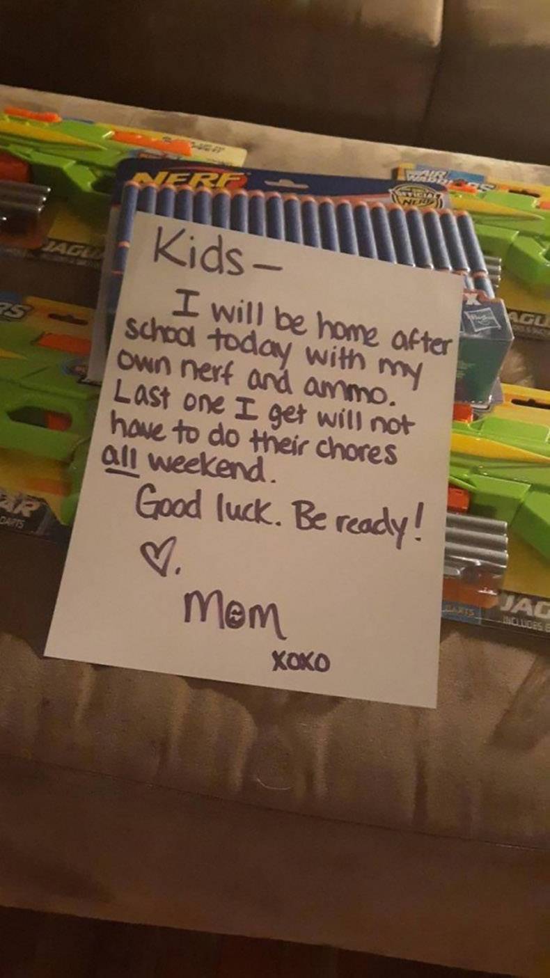 material - Kids I will be home after school today with my own nert and ammo. Last one I get will not have to do their chores all weekend. Good luck. Be ready! Mem Jag Xoko