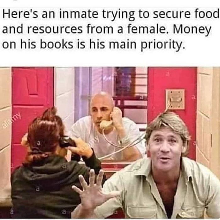 funny random pics - photo caption - Here's an inmate trying to secure food and resources from a female. Money on his books is his main priority. alamy Saamy a a a