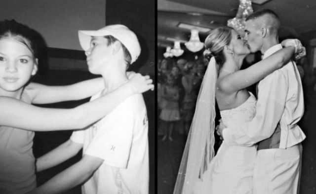 "My wife and I during a sixth grade dance, then on our wedding day"
