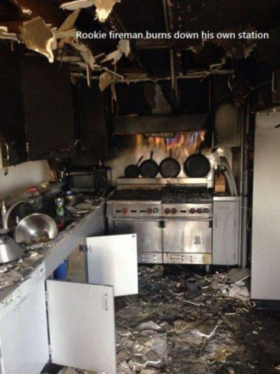 bad luck burnt down kitchen - Rookie fireman burns down his own station 200
