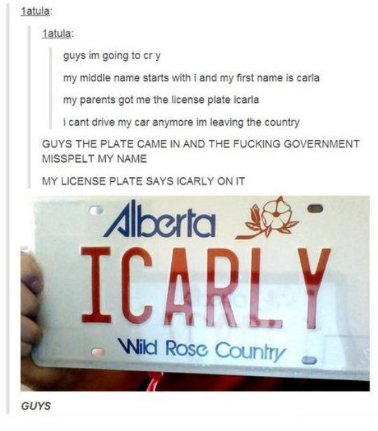 bad luck alberta license plate - 1atula 1atula guys im going to cry my middle name starts with i and my first name is carla my parents got me the license plate icarla i cant drive my car anymore im leaving the country Guys The Plate Came In And The Fuckin