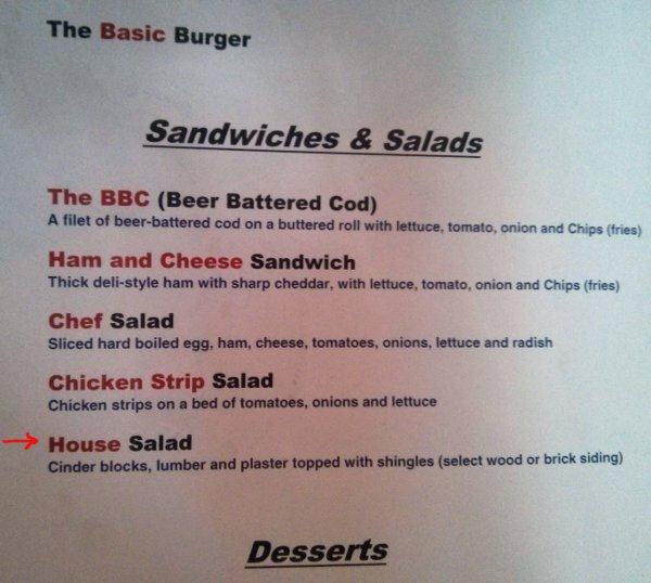 document - The Basic Burger Sandwiches & Salads The Bbc Beer Battered Cod A filet of beerbattered cod on a buttered roll with lettuce, tomato, onion and Chips fries Ham and Cheese Sandwich Thick delistyle ham with sharp cheddar, with lettuce, tomato, onio