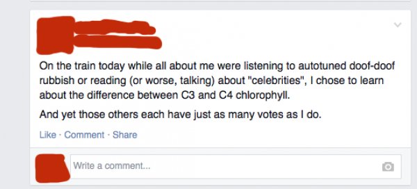 website - On the train today while all about me were listening to autotuned doofdoof rubbish or reading or worse, talking about "celebrities", I chose to learn about the difference between C3 and C4 chlorophyll. And yet those others each have just as many