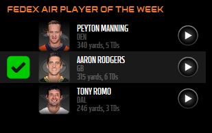 screenshot - Fedex Air Player Of The Week Peyton Manning Gb 340 yards, 5 Tds Aaron Rodgers 315 yards, 6 Tds Tony Romo Hal 246 yards, 3 Tds