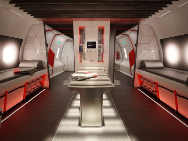 So precisely how does this space-age looking beauty differ, you ask? Using a space with what would normally seat 100-400 passengers, its been designed for a team of 13, ensuring the ultimate in roominess as medical staff keep an eye on the health of their athletes via live physiological data collected via sensors in clothing